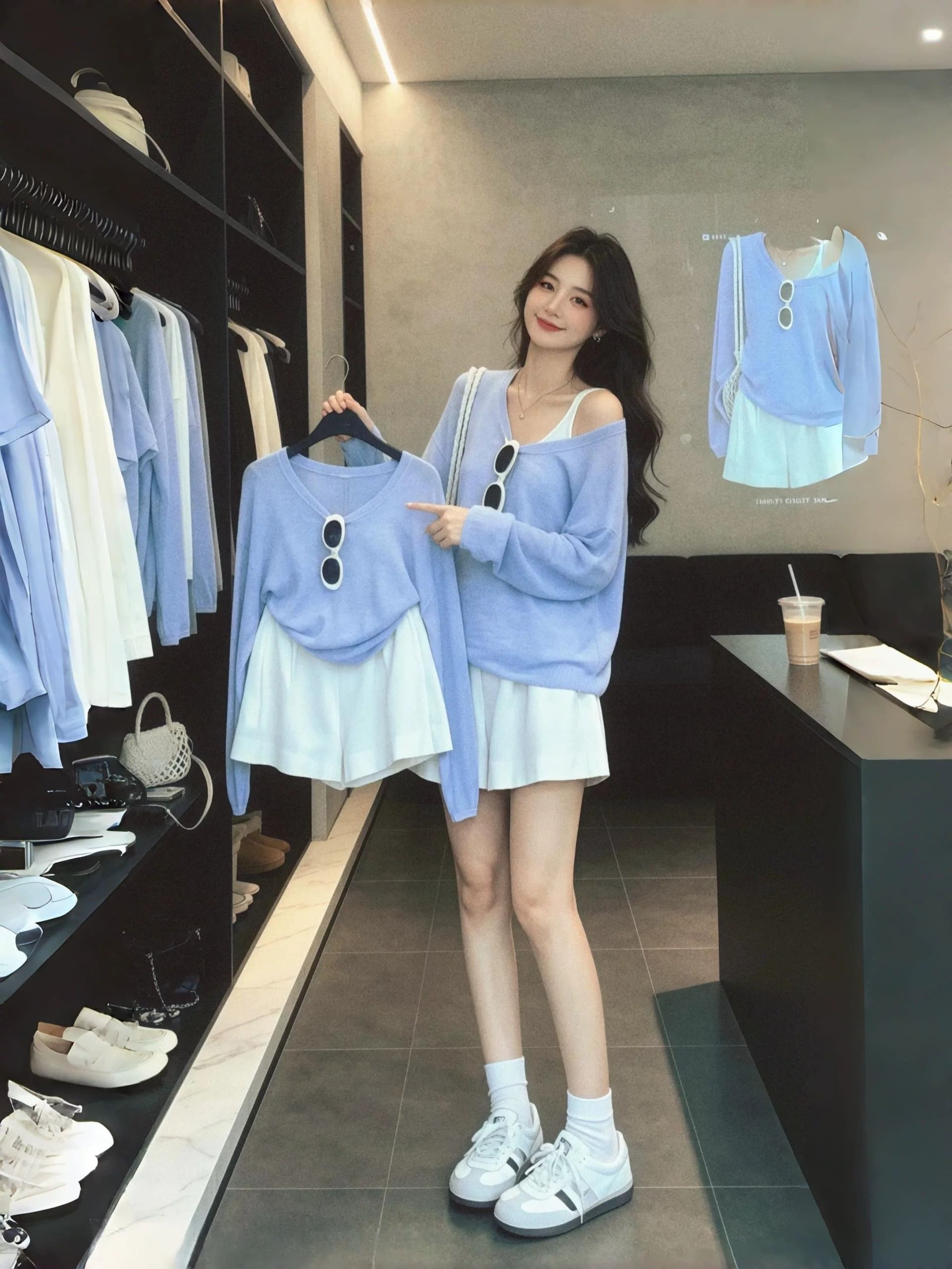 새로운 두 조각 루즈핏 비스듬한 어깨 긴팔 블라우스 티셔츠 여성 조기 가을 자외선 차단 착용 잡아라. 의류 상세 이미지 1