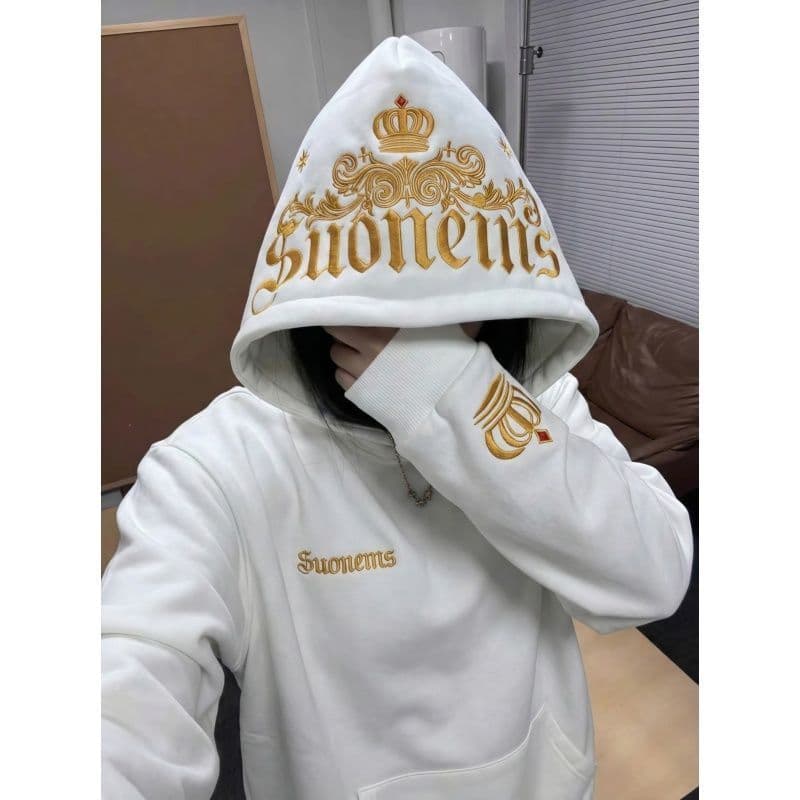 새로운 얇은 두꺼움 패키지 어깨 칼라 자수 국가 트렌디 후드 중간 길이 루즈핏 후드티 상세 이미지 7