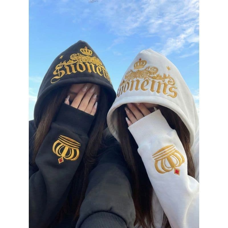 새로운 얇은 두꺼움 패키지 어깨 칼라 자수 국가 트렌디 후드 중간 길이 루즈핏 후드티 상세 이미지 8
