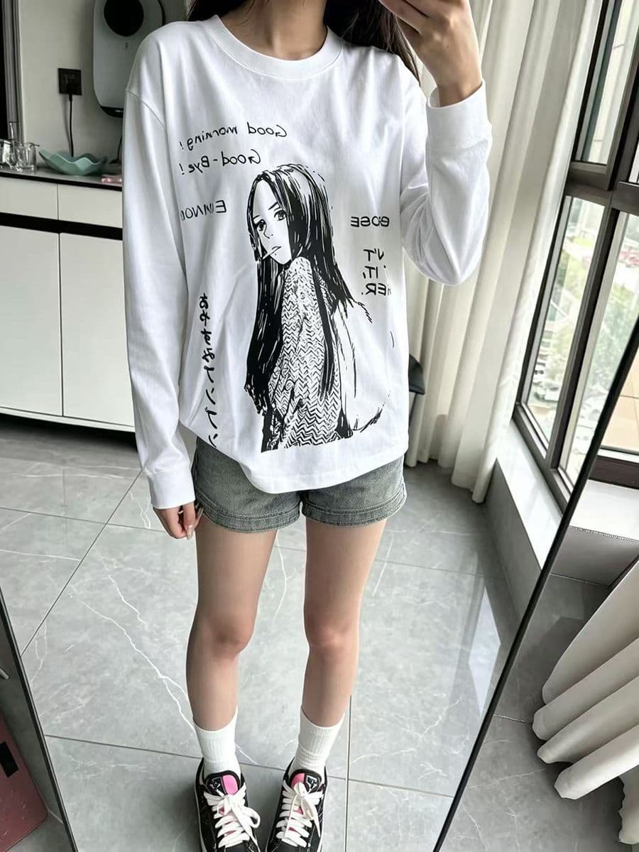 봄 가을 새로운 이후 패키지 칼라 긴팔 Luokou 티셔츠 만화 초상화 이미지 2