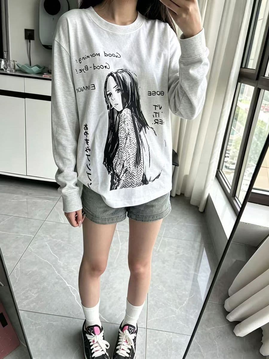 봄 가을 새로운 이후 패키지 칼라 긴팔 Luokou 티셔츠 만화 초상화 이미지 3
