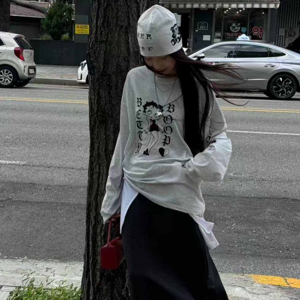 봄 가을 새로운 이후 패키지 칼라 긴팔 Luokou 티셔츠 프린트 소녀