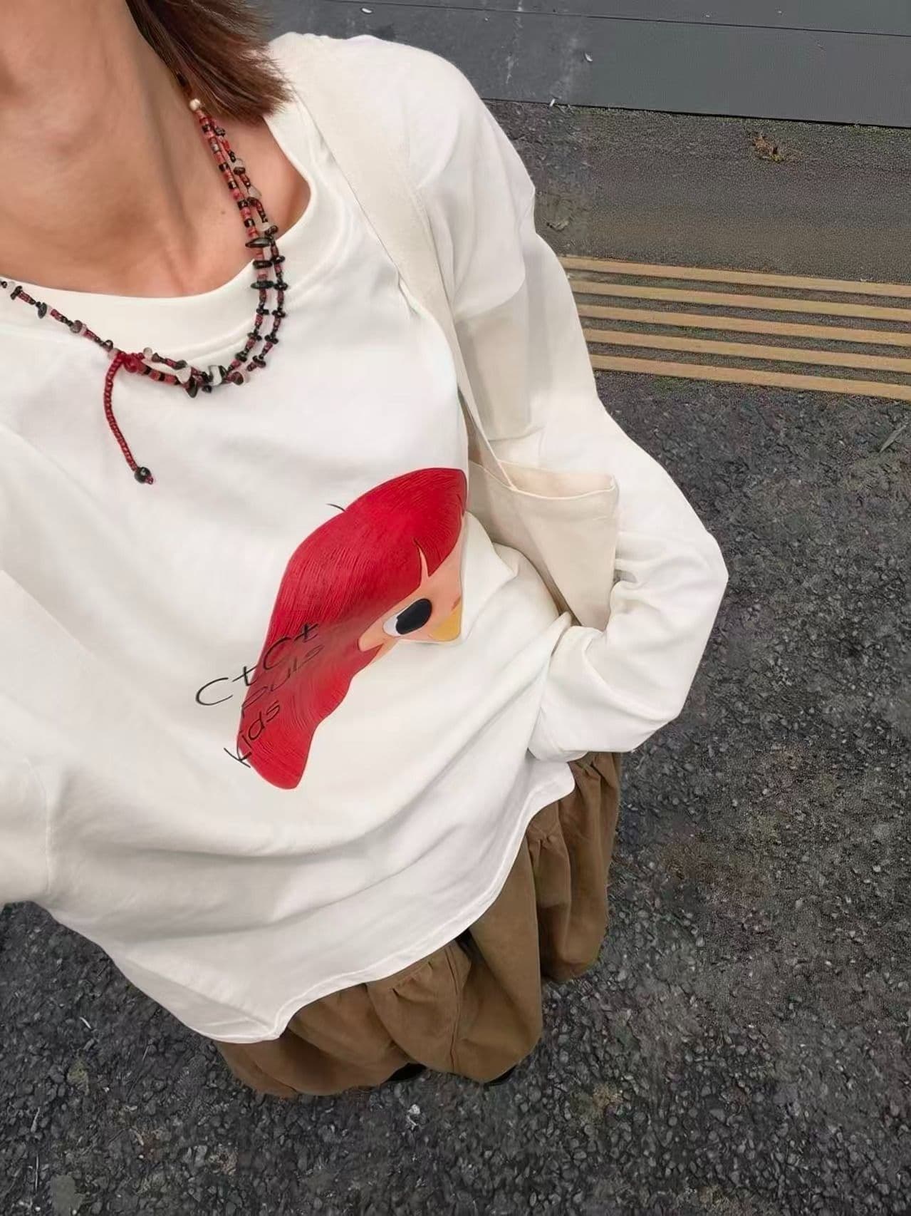봄 가을 새로운 이후 패키지 칼라 긴팔 라운드 넥 티셔츠 만화 소녀 프린트 이미지 3