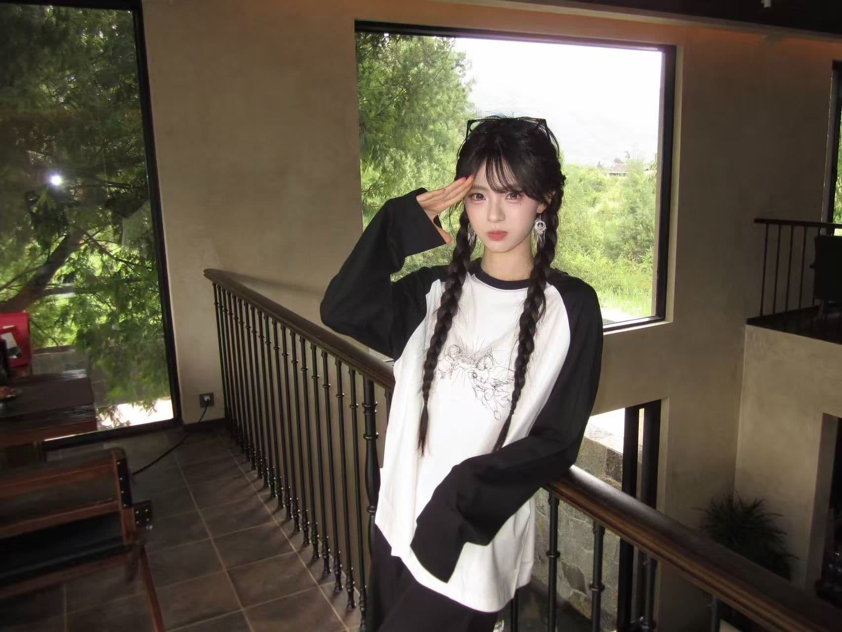 새로운 생방송 품질 삽입 어깨 소매 당겨서 기사 이후 패키지 칼라 천사 프린트 상세 이미지 7