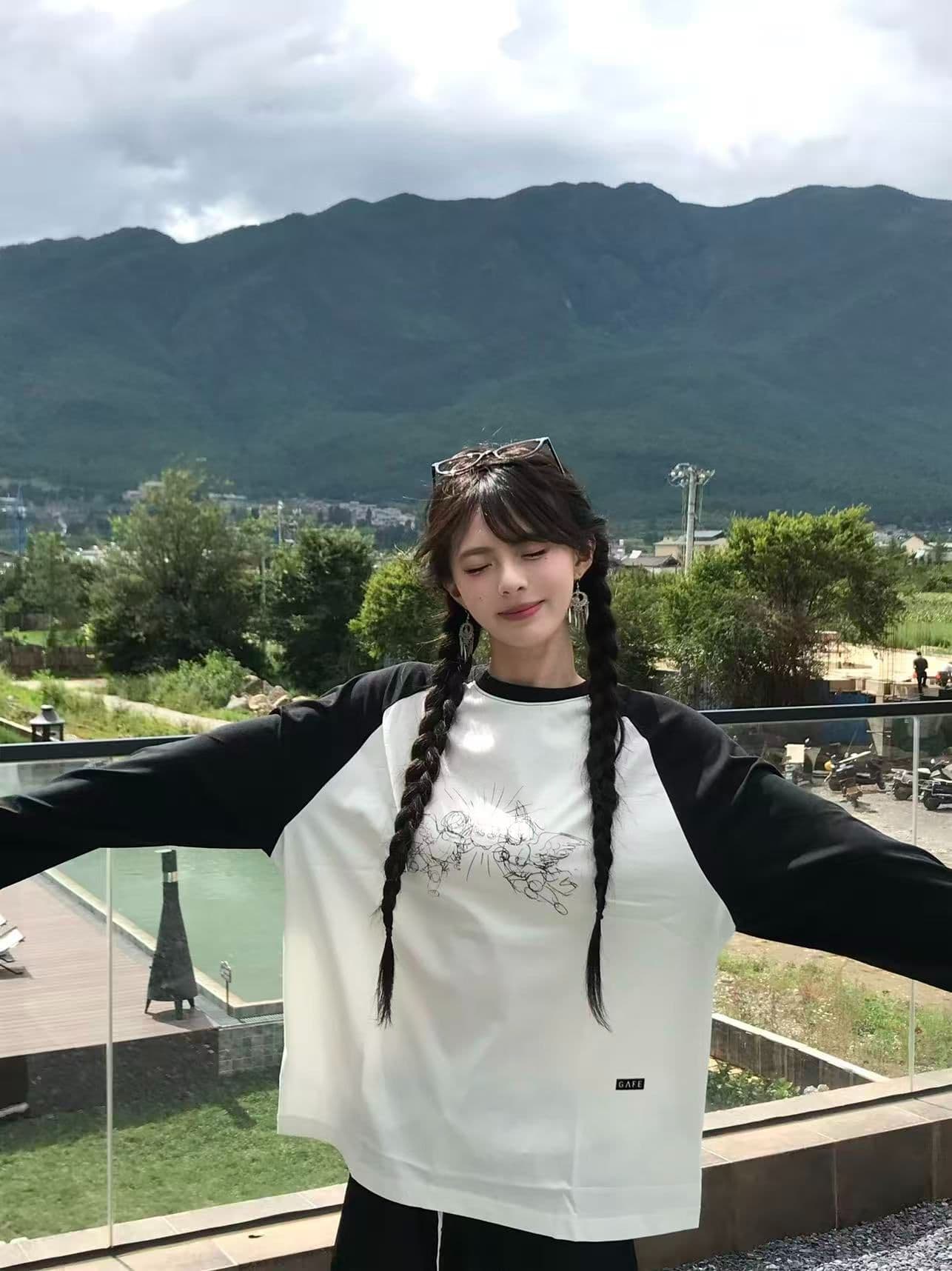 새로운 생방송 품질 삽입 어깨 소매 당겨서 기사 이후 패키지 칼라 천사 프린트 상세 이미지 8