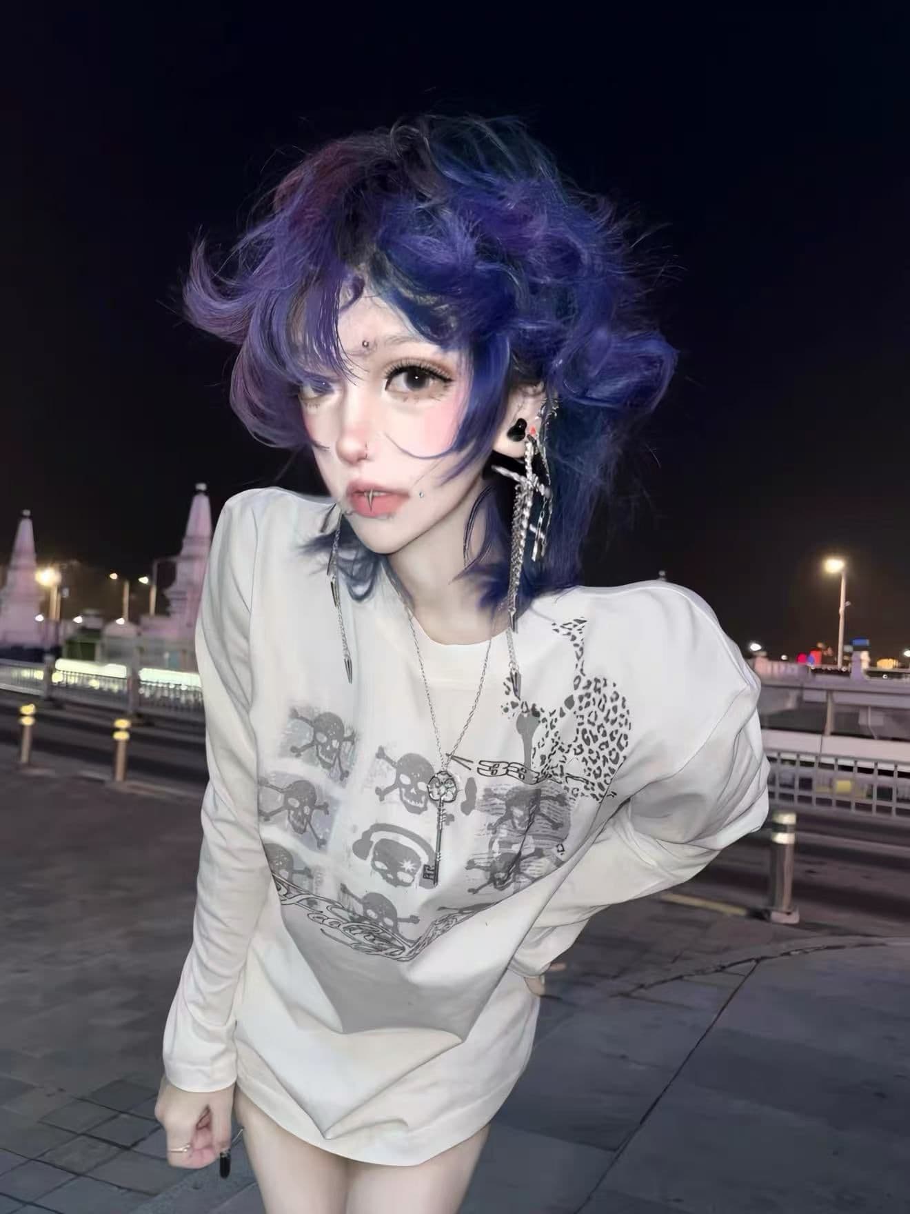 봄 가을 새로운 이후 패키지 칼라 긴팔 라운드 넥 티셔츠 해골 프린트 이미지 3