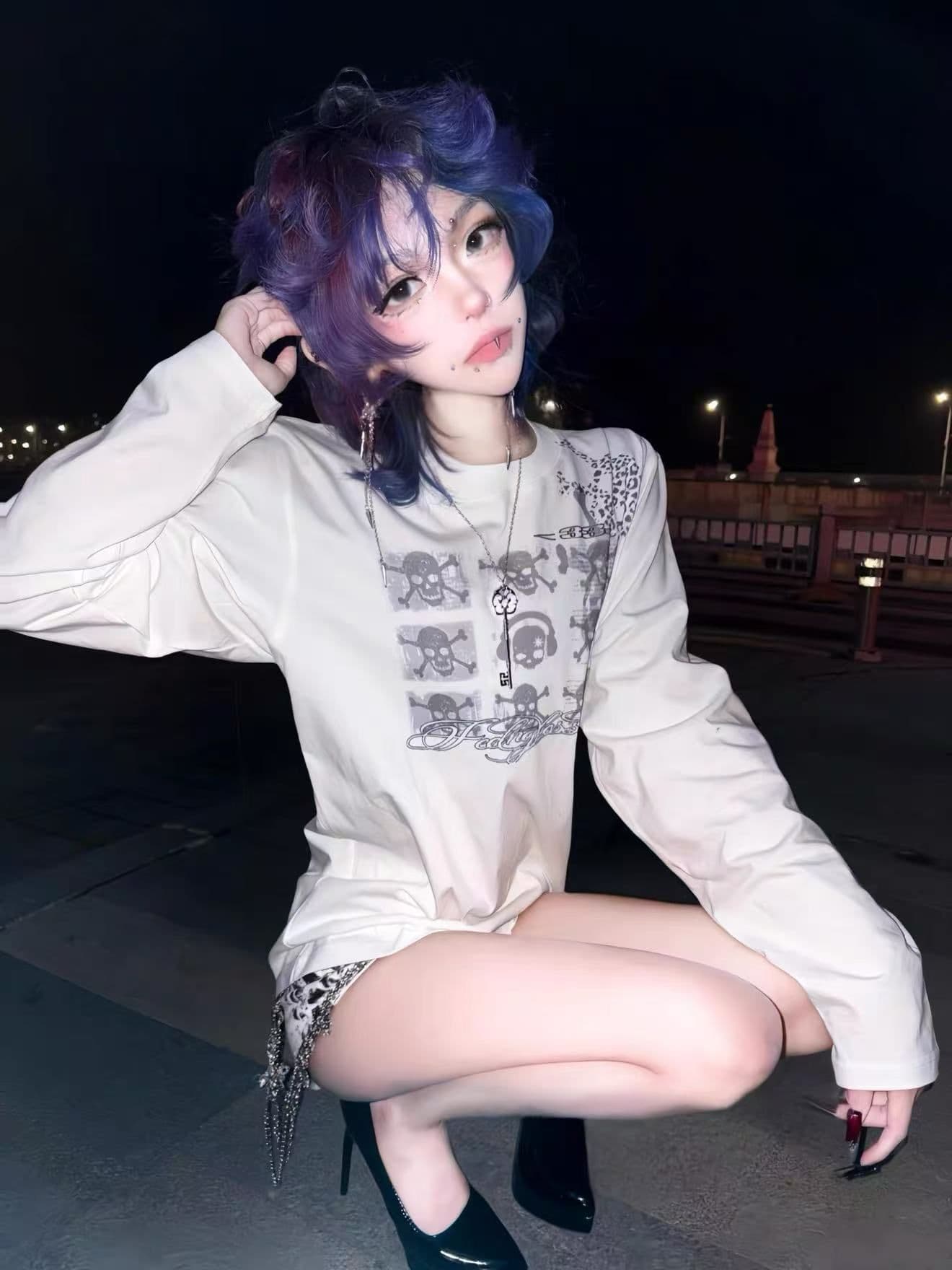 봄 가을 새로운 이후 패키지 칼라 긴팔 라운드 넥 티셔츠 해골 프린트 상세 이미지 3