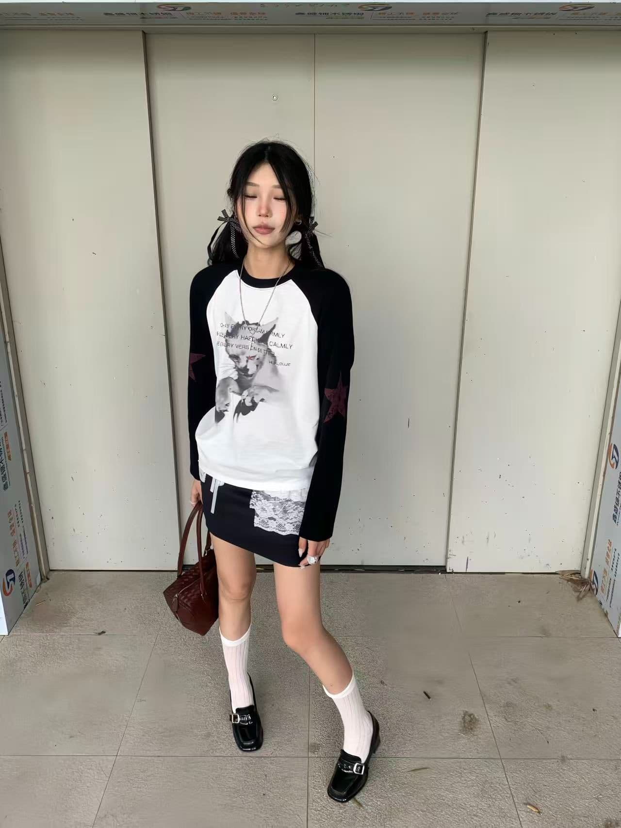 새로운 생방송 품질 삽입 어깨 소매 당겨서 기사 이후 패키지 칼라 고양이 알파벳 상세 이미지 3