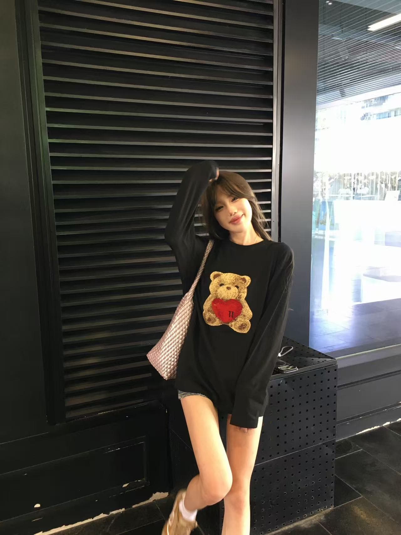 봄 가을 새로운 이후 패키지 칼라 긴팔 라운드 넥 t 작은 곰 프린트 맨위 상세 이미지 4