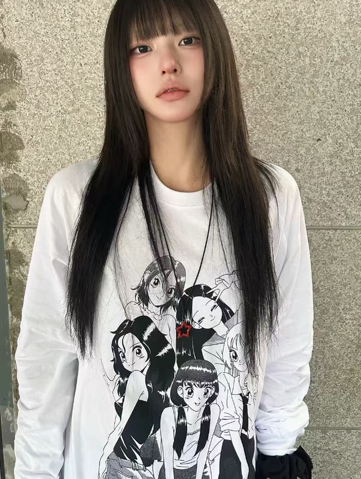 봄 가을 새로운 이후 패키지 칼라 긴팔 Luokou 티셔츠 만화 아름다운 소녀 상세 이미지 2