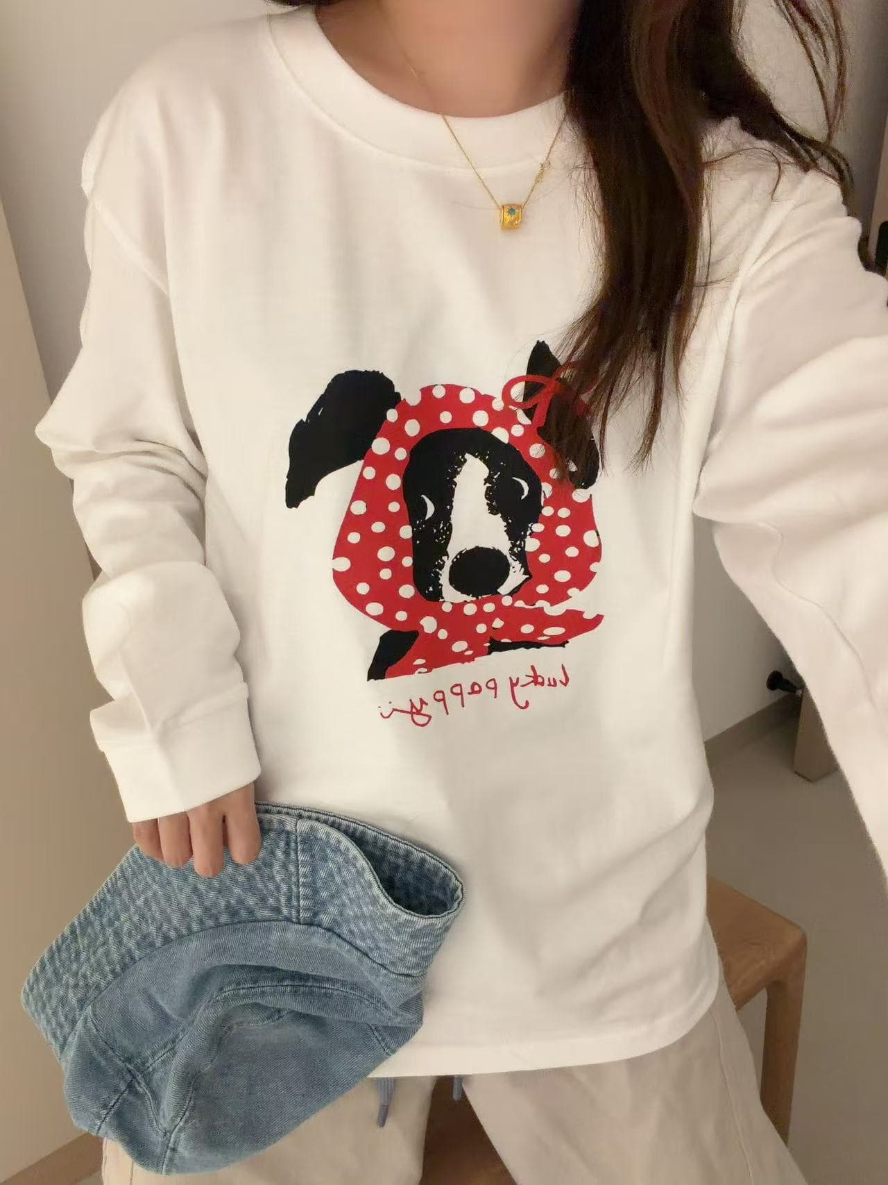 봄 가을 새로운 이후 패키지 칼라 긴팔 Luokou 티셔츠 개 프린트 이미지 2