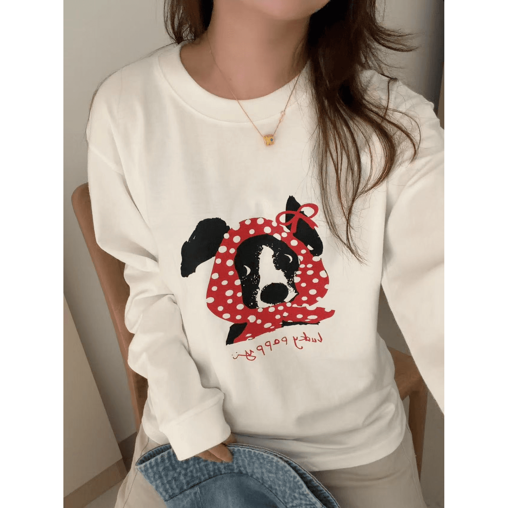 봄 가을 새로운 이후 패키지 칼라 긴팔 Luokou 티셔츠 개 프린트 이미지 5