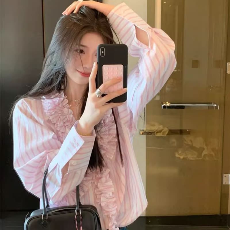 새로운 곡물 프릴 셔츠 여성 폭발 핑크색 셔츠 이미지 5