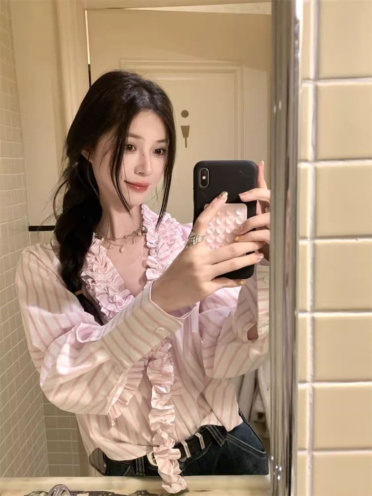 새로운 곡물 프릴 셔츠 여성 폭발 핑크색 셔츠 상세 이미지 1
