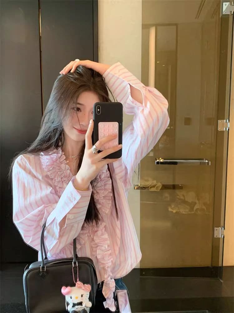 새로운 곡물 프릴 셔츠 여성 폭발 핑크색 셔츠 상세 이미지 2