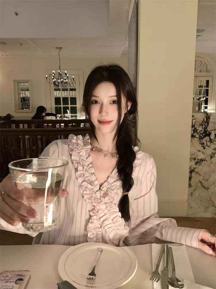 새로운 곡물 프릴 셔츠 여성 폭발 핑크색 셔츠 상세 이미지 3