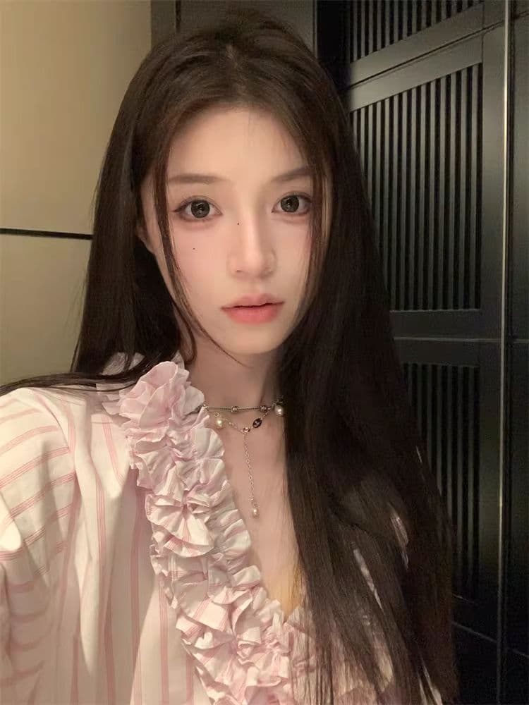 새로운 곡물 프릴 셔츠 여성 폭발 핑크색 셔츠 상세 이미지 5