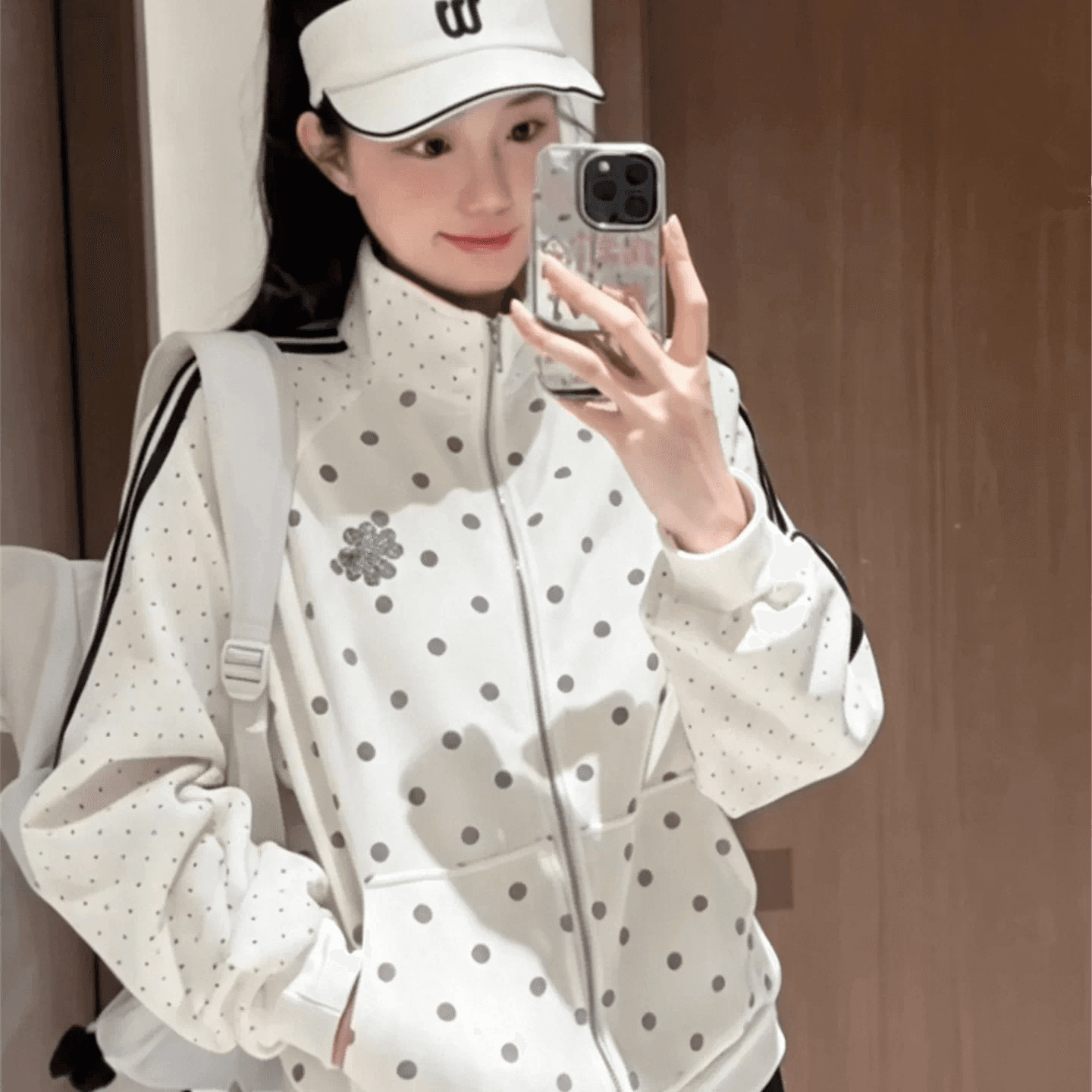 새로운 한 부서 도트 무늬 재킷 작은 대중 스탠드 칼라 루즈핏 야구 유니폼 캐주얼 운동 재킷 이미지 4