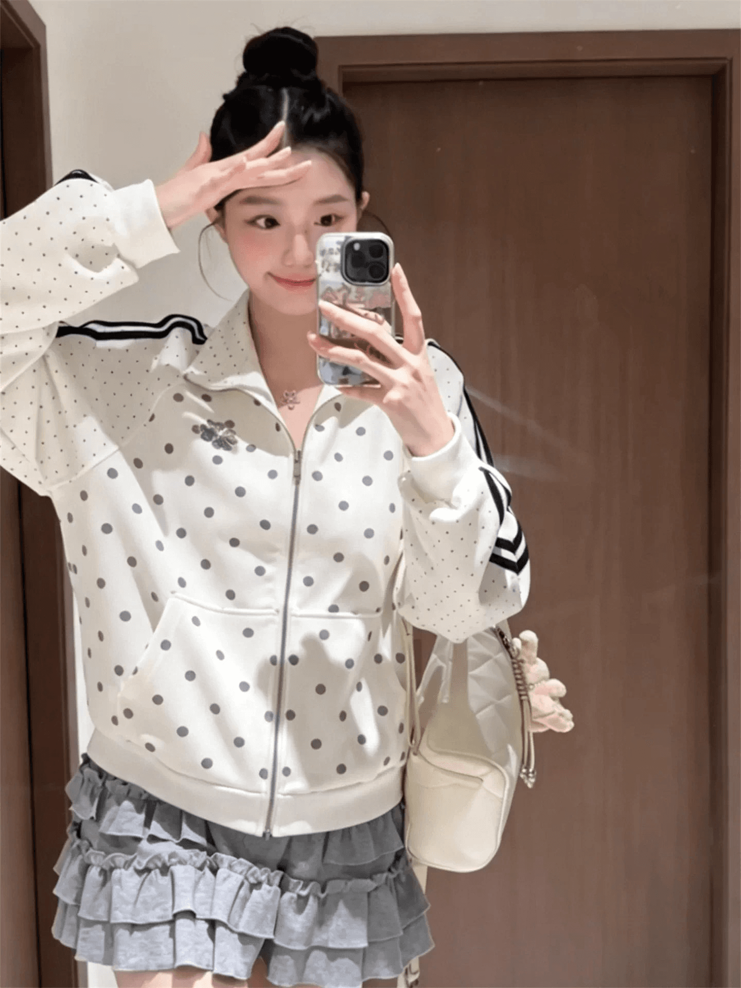 새로운 한 부서 도트 무늬 재킷 작은 대중 스탠드 칼라 루즈핏 야구 유니폼 캐주얼 운동 재킷 상세 이미지 3