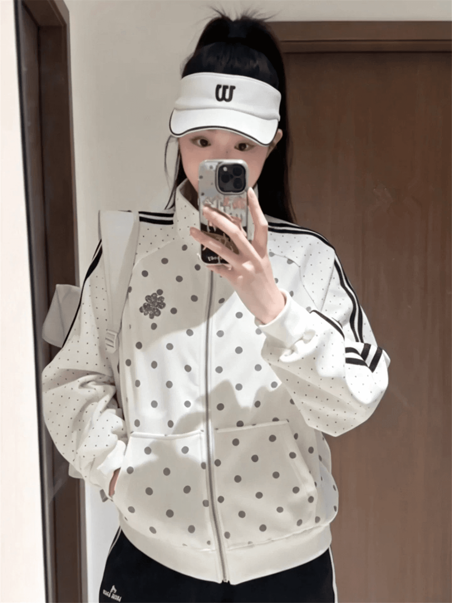 새로운 한 부서 도트 무늬 재킷 작은 대중 스탠드 칼라 루즈핏 야구 유니폼 캐주얼 운동 재킷 상세 이미지 7