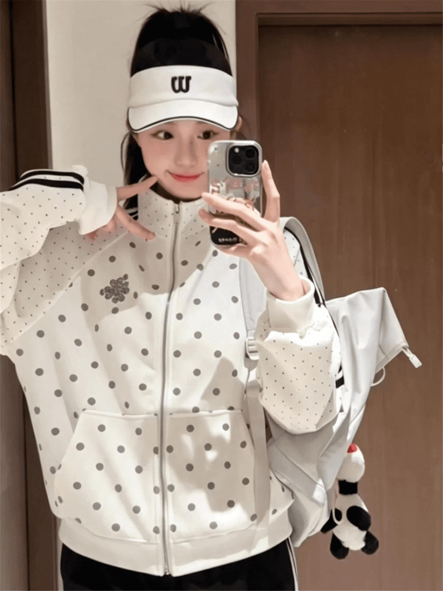 새로운 한 부서 도트 무늬 재킷 작은 대중 스탠드 칼라 루즈핏 야구 유니폼 캐주얼 운동 재킷 상세 이미지 8