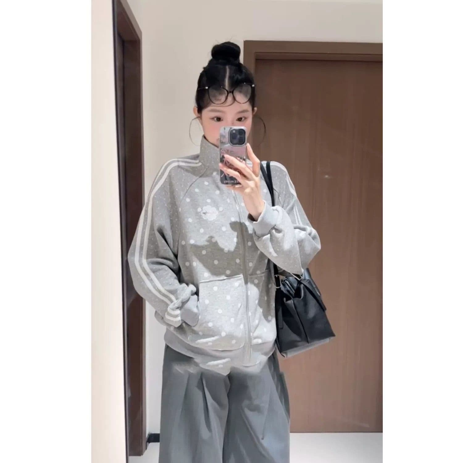 새로운 한 부서 레트로 도트 무늬 전체 인쇄 스탠드 칼라 재킷 루즈핏 느긋한 바람 다용도 연령 감소 후드티 이미지 2