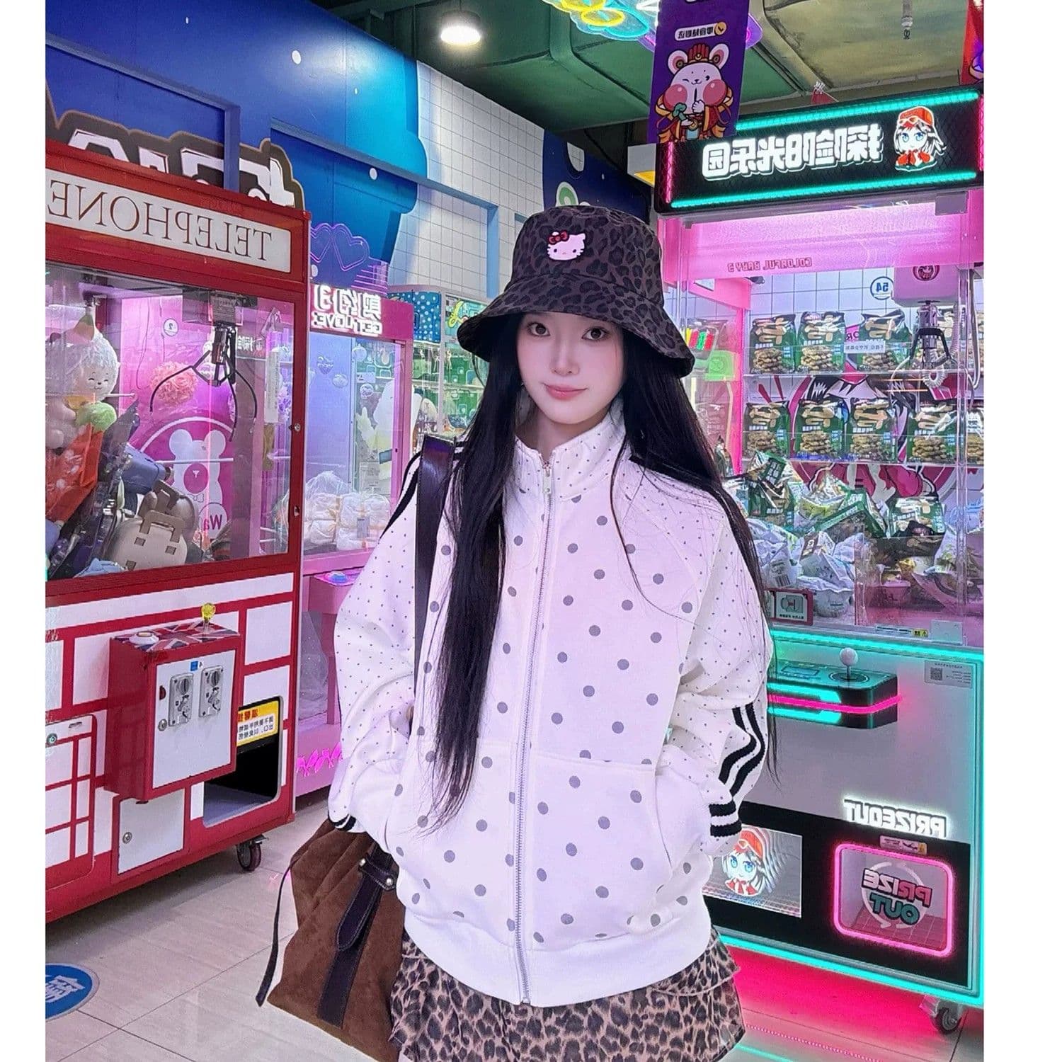 새로운 한 부서 레트로 도트 무늬 전체 인쇄 스탠드 칼라 재킷 루즈핏 느긋한 바람 다용도 연령 감소 후드티 상세 이미지 4
