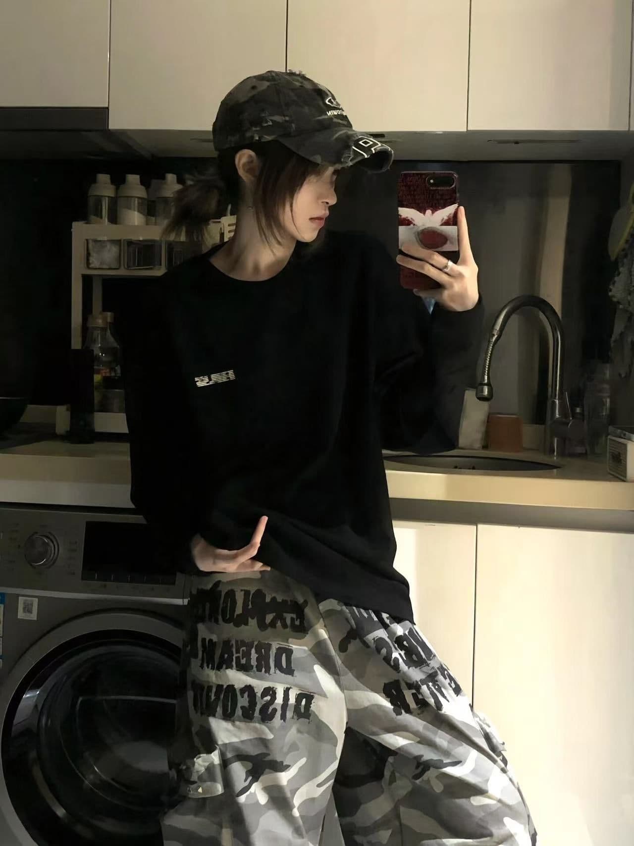 봄 가을 새로운 이후 패키지 칼라 긴팔 라운드 넥 티셔츠 뒤로 알파벳 프린트 이미지 3
