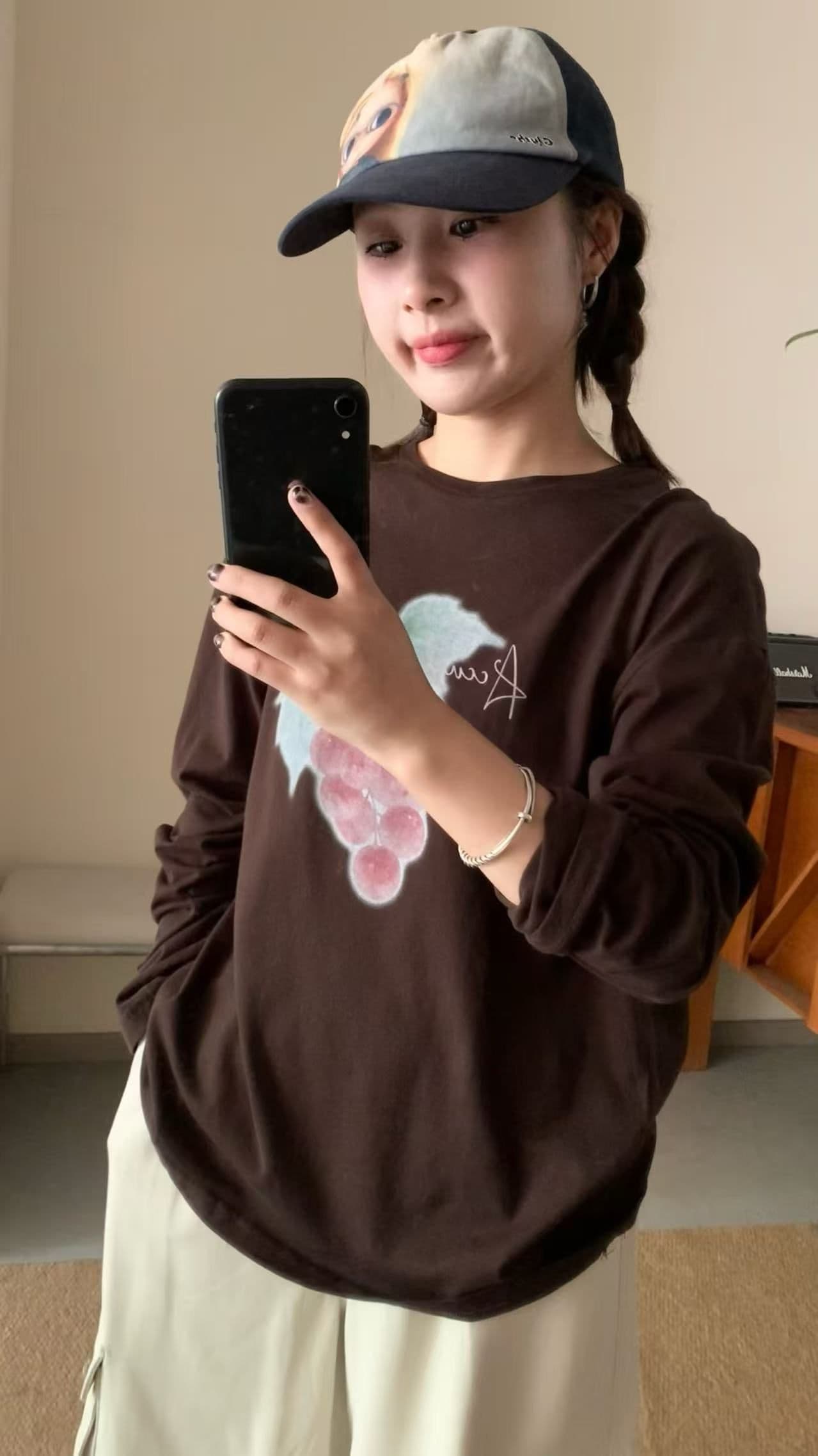 봄 가을 새로운 이후 패키지 칼라 긴팔 라운드 넥 티셔츠 포도 프린트 맨위 이미지 2