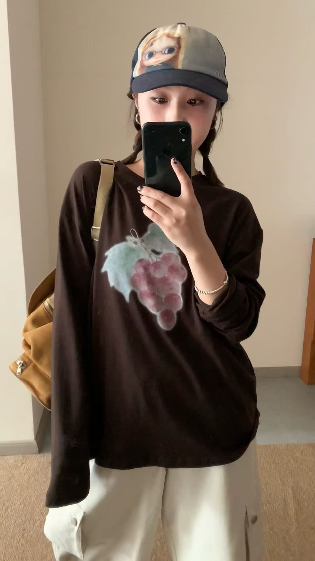 봄 가을 새로운 이후 패키지 칼라 긴팔 라운드 넥 티셔츠 포도 프린트 맨위 이미지 3