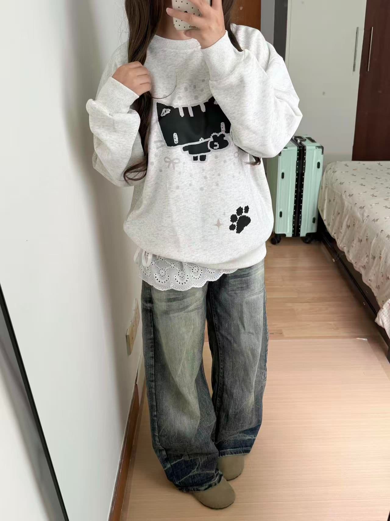 새로운 생방송 품질 복합 얇은 스타일 은 여우 플러시 털이 있는 라운드 넥 만화 프린트