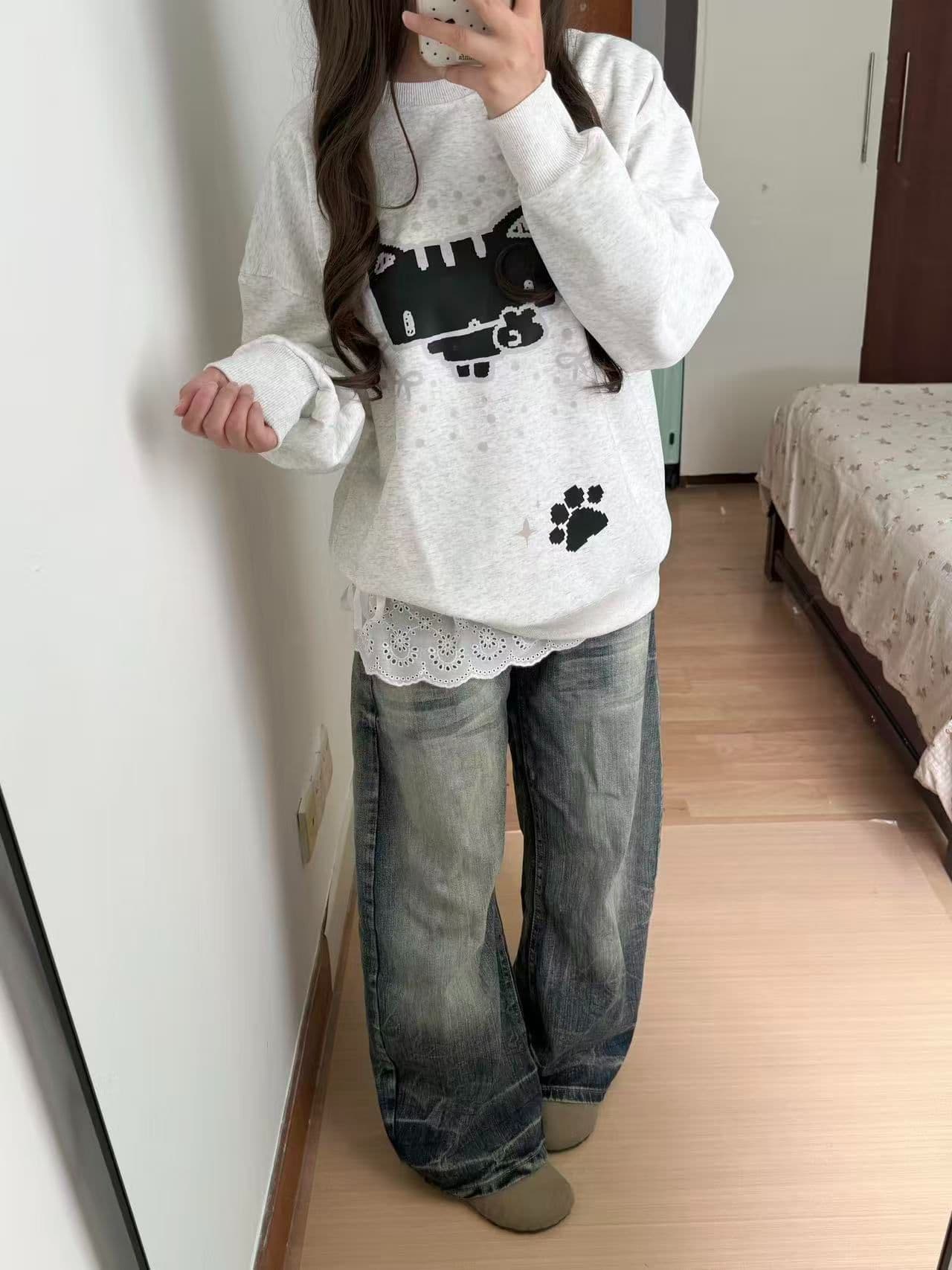 새로운 생방송 품질 복합 얇은 스타일 은 여우 플러시 털이 있는 라운드 넥 만화 프린트 상세 이미지 3