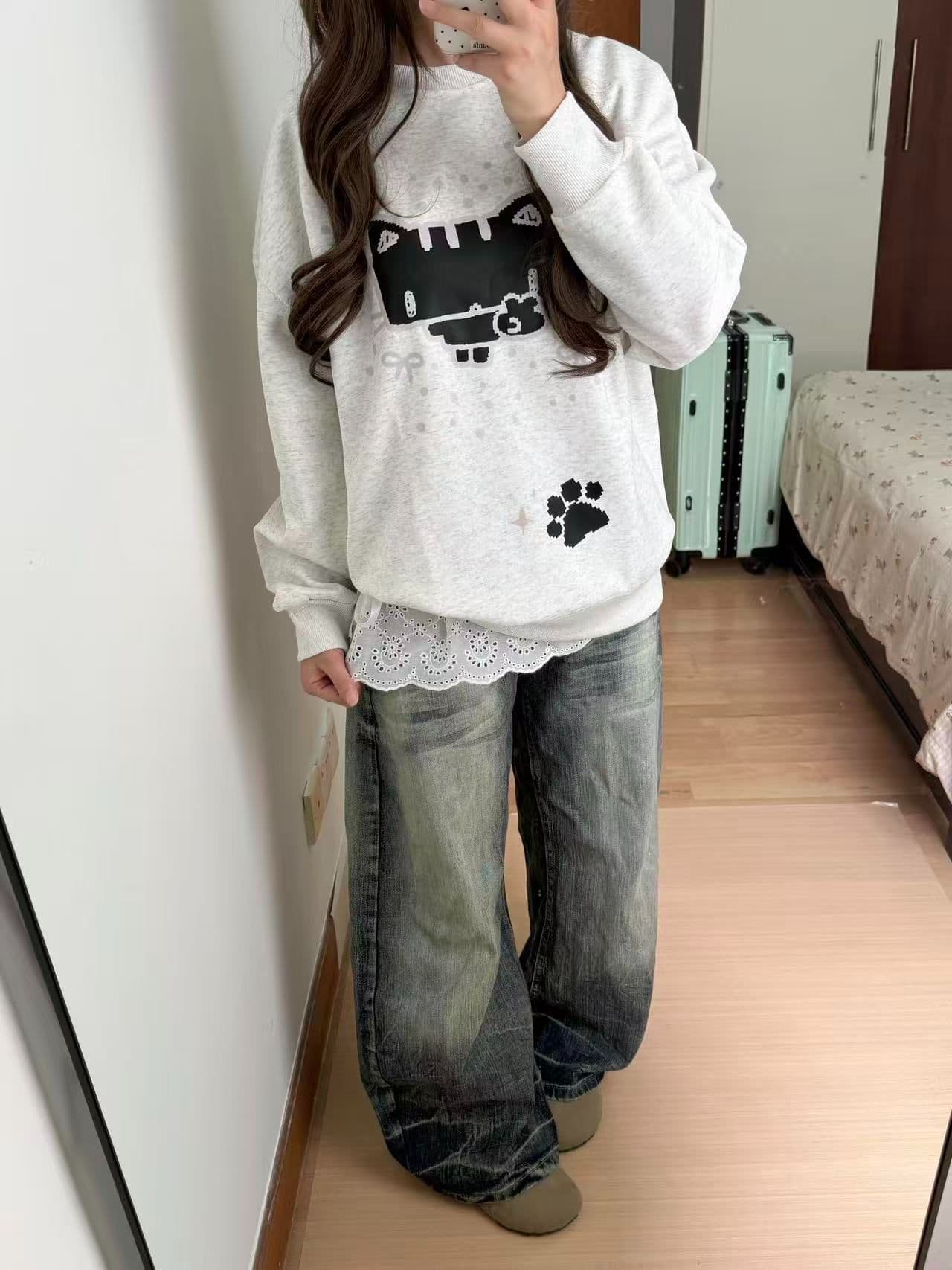 새로운 생방송 품질 복합 얇은 스타일 은 여우 플러시 털이 있는 라운드 넥 만화 프린트 상세 이미지 4