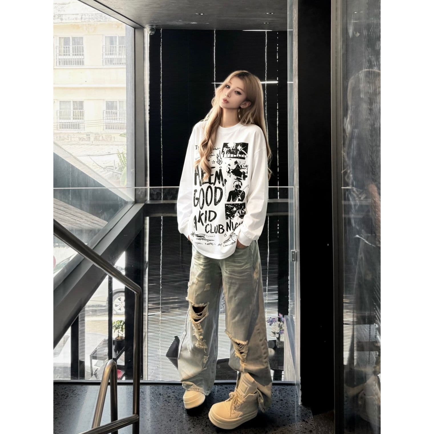봄 가을 새로운 이후 패키지 칼라 긴팔 Luokou 티셔츠 유럽과 미국 프린트