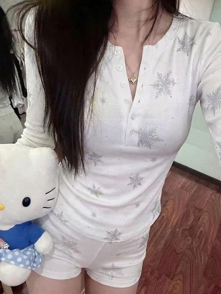 새로운 핫픽스 프린트 헨리 칼라 긴팔 티셔츠 여성 몸매 가꾸기 맨위 상세 이미지 2
