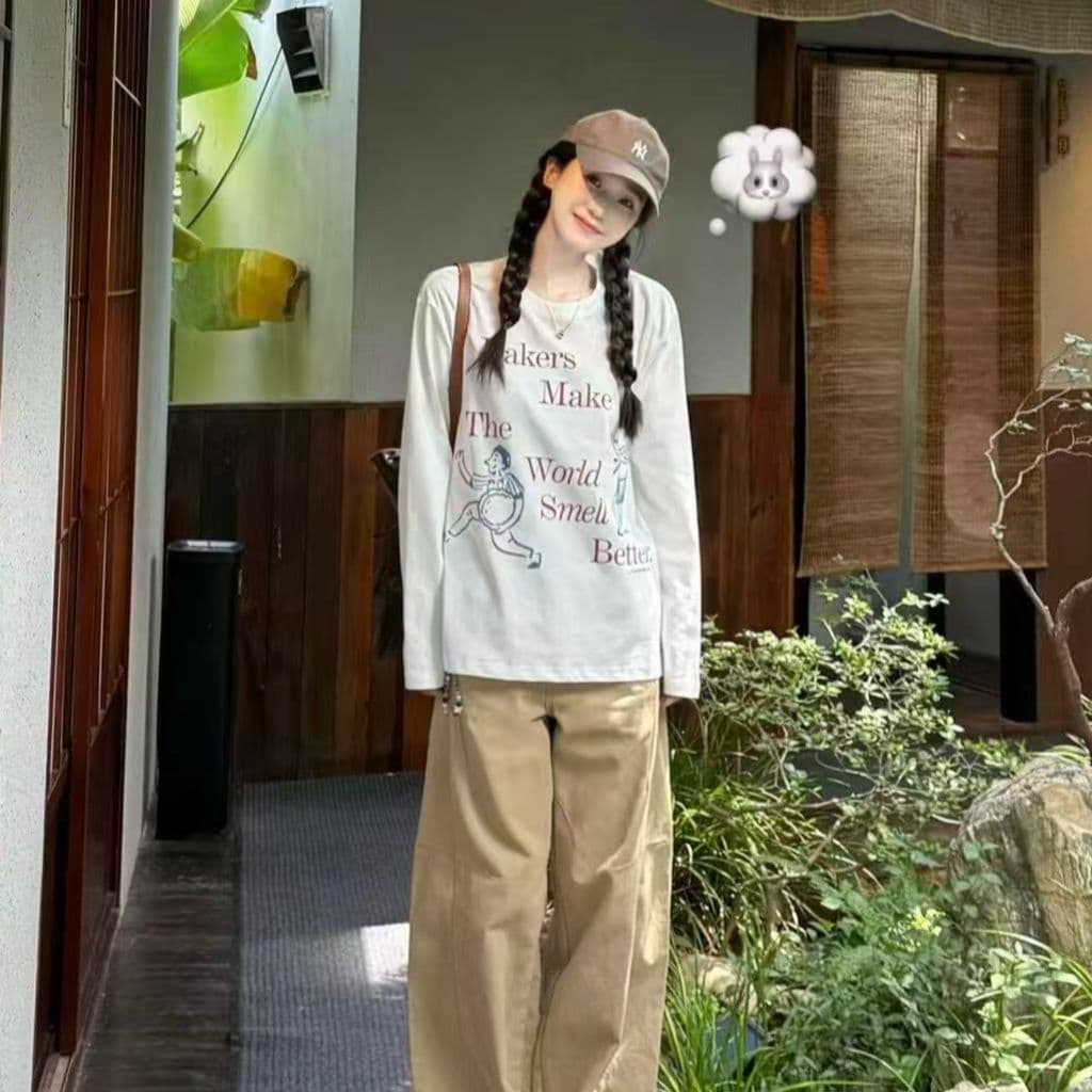 봄 가을 새로운 이후 패키지 칼라 긴팔 라운드 넥 티셔츠 만화 알파벳 프린트