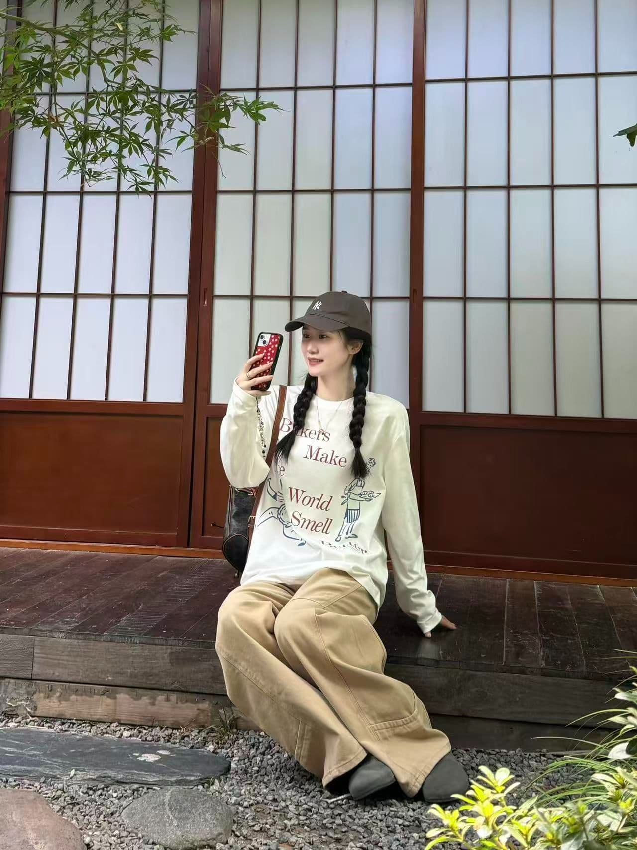 봄 가을 새로운 이후 패키지 칼라 긴팔 라운드 넥 티셔츠 만화 알파벳 프린트 이미지 3