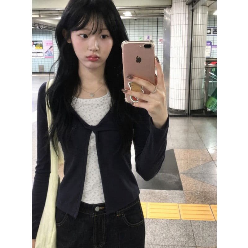 새로운 흔들어서 톤 품질 원본 자카드 한 부서 꽃무늬 패치워크 페이크 레이어드 긴팔 티셔츠 여성 상세 이미지 1