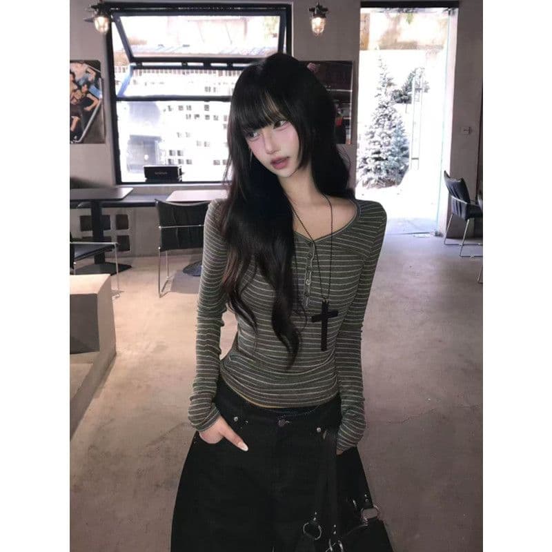 새로운 한 부서 핫걸 스트라이프 V넥 긍정적 인 어깨 긴팔 티셔츠 여성 셔츠