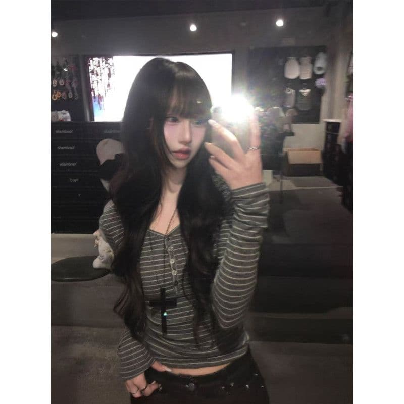새로운 한 부서 핫걸 스트라이프 V넥 긍정적 인 어깨 긴팔 티셔츠 여성 셔츠 상세 이미지 2