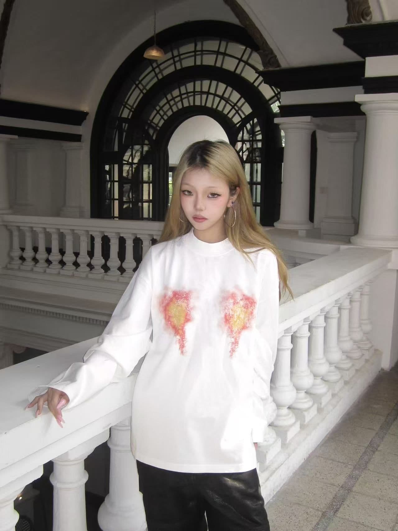 봄 가을 새로운 이후 패키지 칼라 긴팔 라운드 넥 티셔츠 불꽃 프린트 맨위 이미지 2