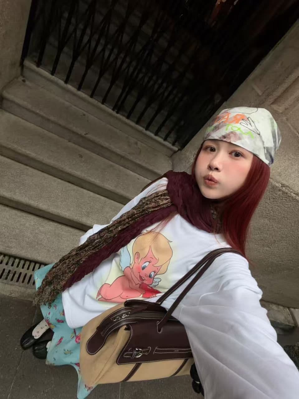 봄 가을 새로운 이후 패키지 칼라 긴팔 라운드 넥 티셔츠 만화 천사 프린트 상세 이미지 9