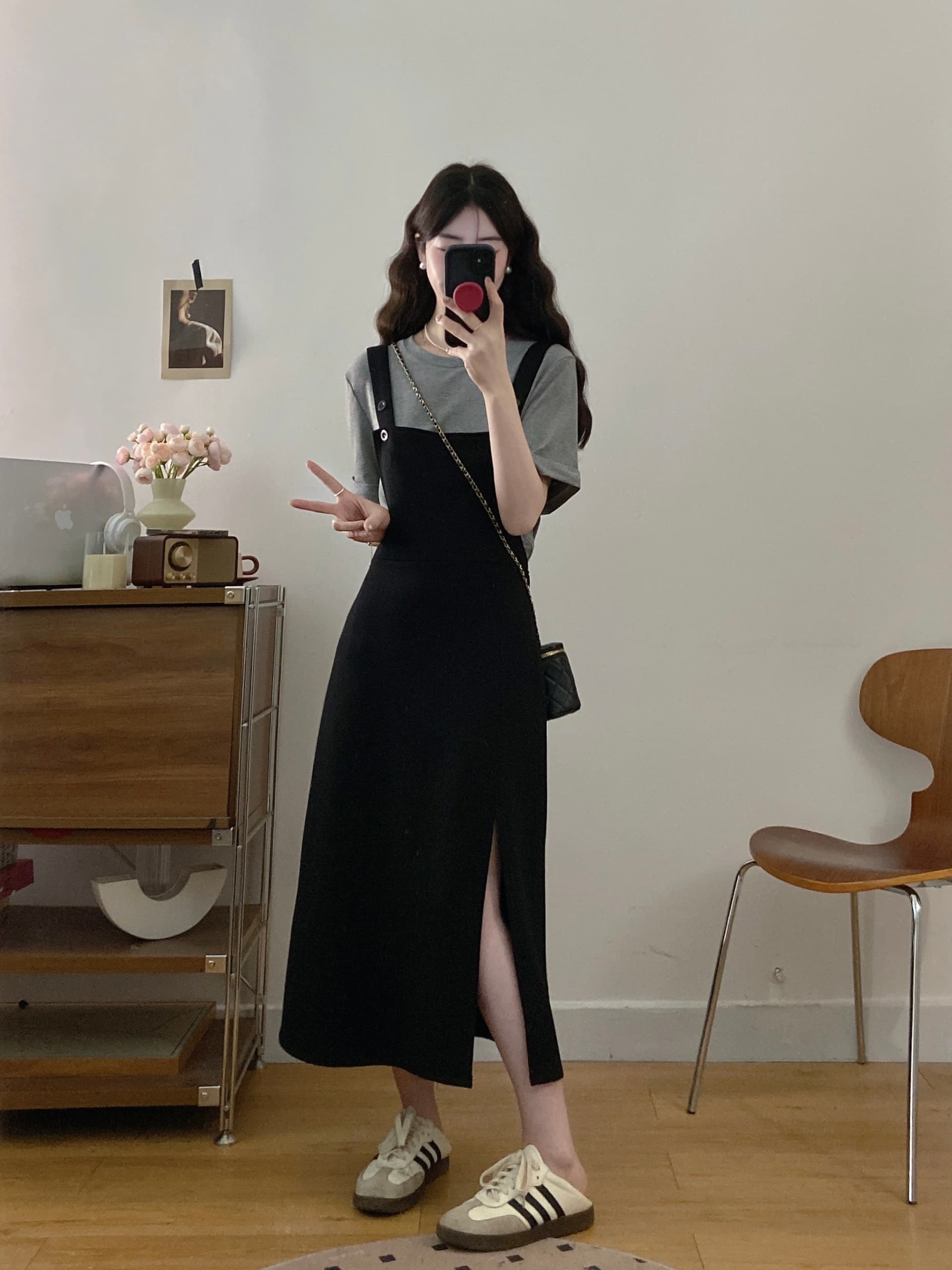 실사 빅 사이즈 여성 의류 지방 mm 새로운 패션 연령 감소 캐주얼 하이웨이스트 멜빵 스커트 플러스 티셔츠 투피스 세트 상세 이미지 2