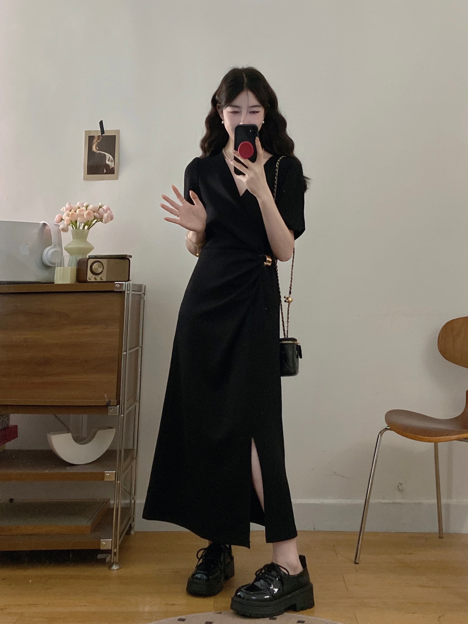 실사 빅 사이즈 여성 의류 지방 mm 프랑스식 V넥 비틀림 품격 골드 버클 허리 수축 측면 트임 드레스 상세 이미지 4