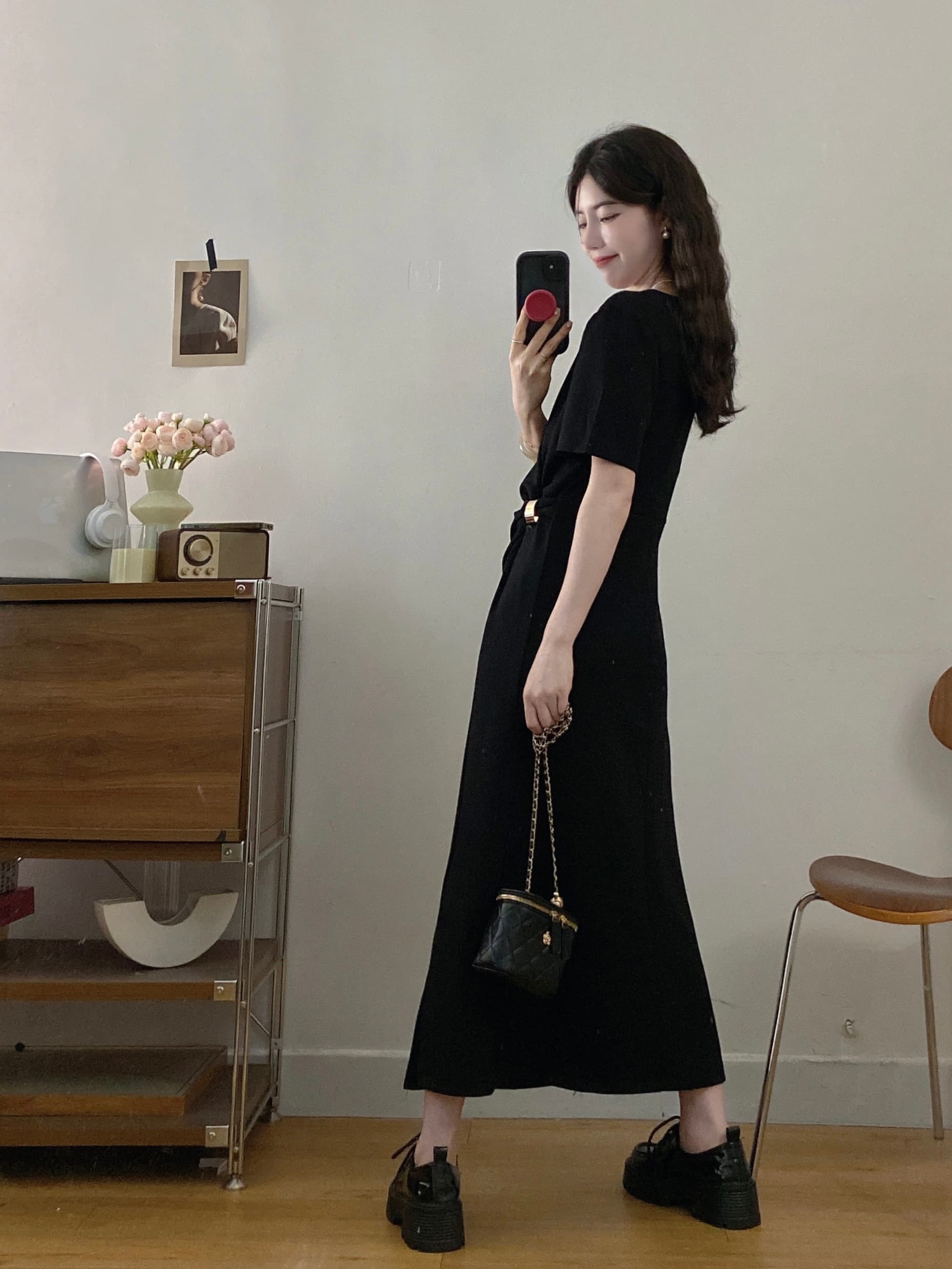 실사 빅 사이즈 여성 의류 지방 mm 프랑스식 V넥 비틀림 품격 골드 버클 허리 수축 측면 트임 드레스 상세 이미지 10
