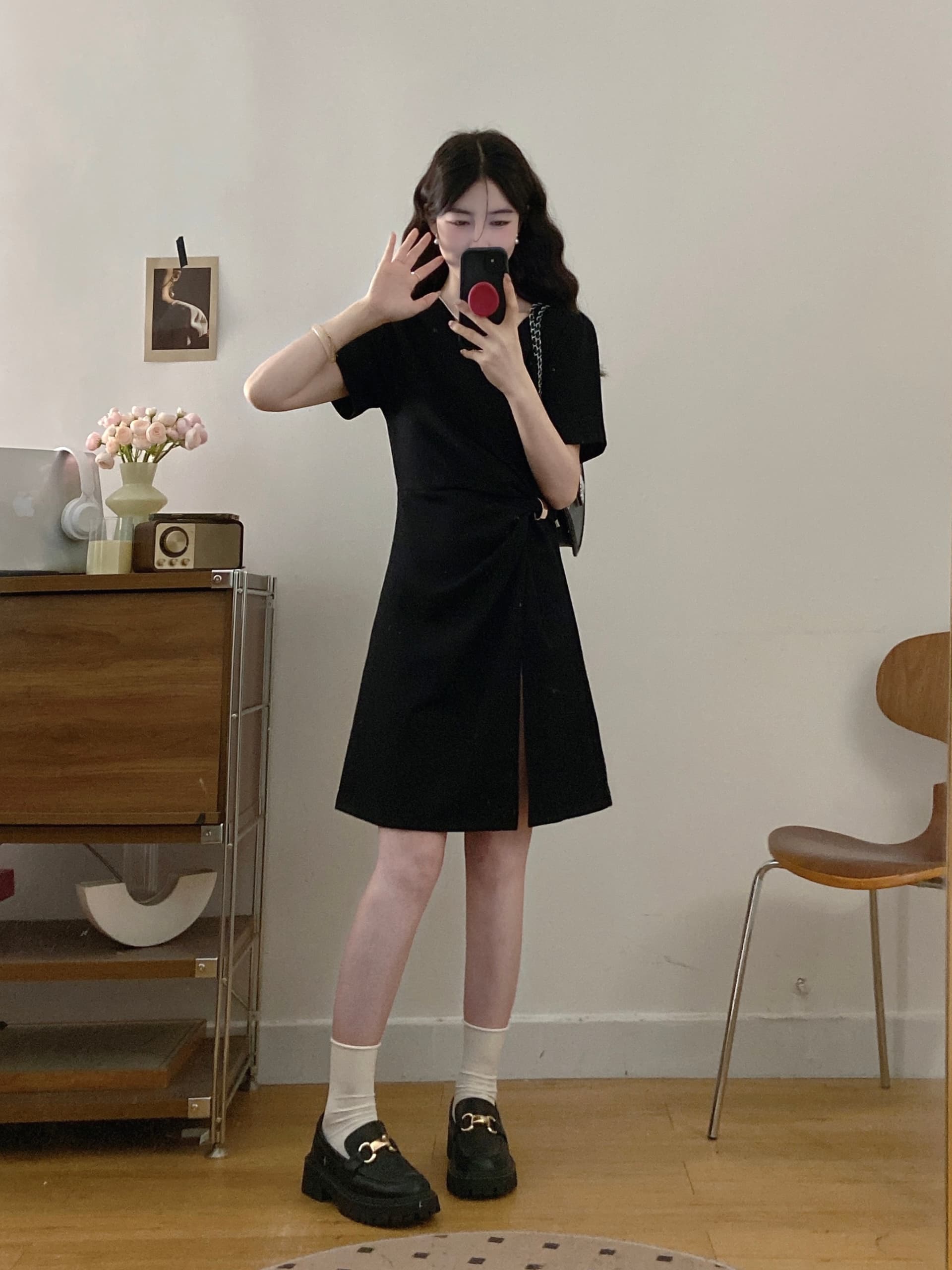 실사 빅 사이즈 여성 의류 지방 mm 프랑스식 V넥 비틀림 품격 골드 버클 허리 수축 측면 트임 드레스 상세 이미지 18