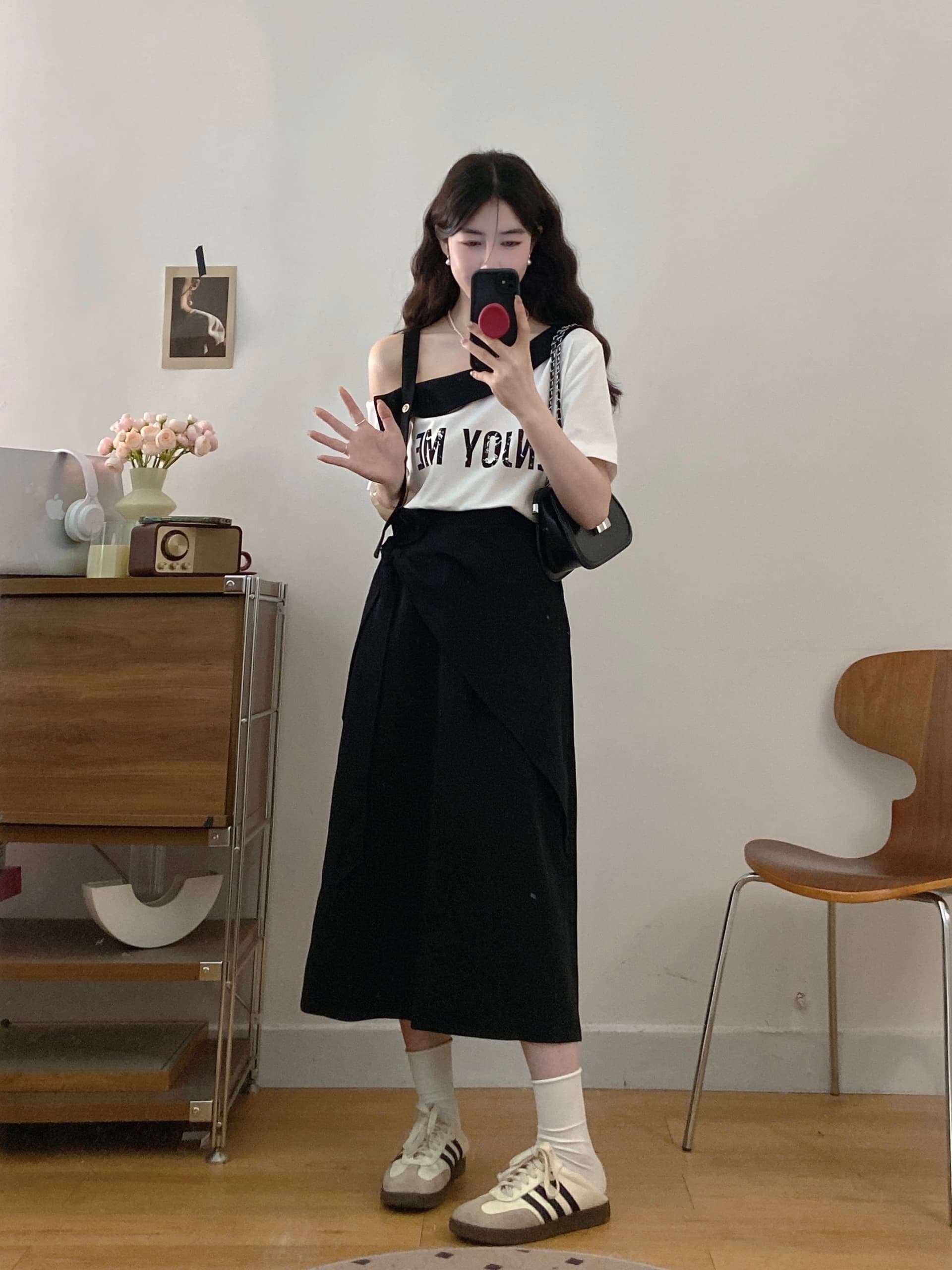 실사 빅 사이즈 여성 의류 지방 mm 새로운 프린트 새는 어깨 티셔츠 스트랩 반신 스커트 이미지 3