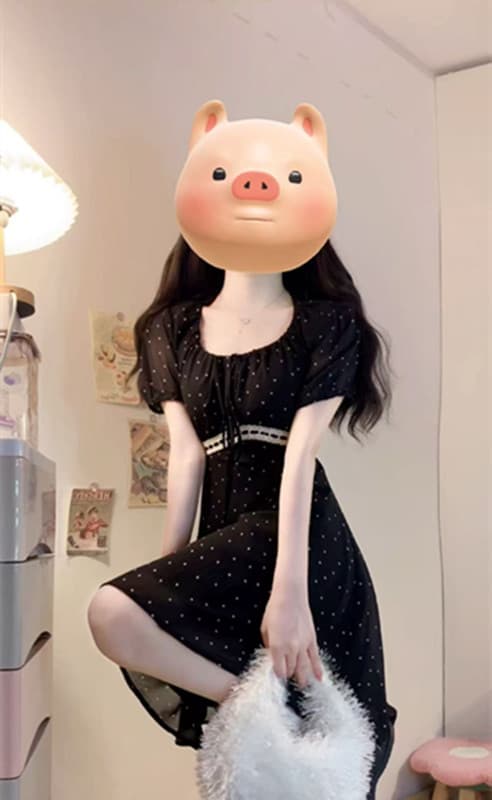 실사 빅 사이즈 지방 mm 품격 허리 수축 쉬폰 도트 무늬 작은 검은 드레스 이미지 3