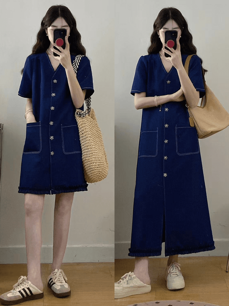 실사 빅 사이즈 여성 의류 지방 mm 새로운 몸매 가꾸기 데님 단추 레트로 V넥 한 마디 드레스