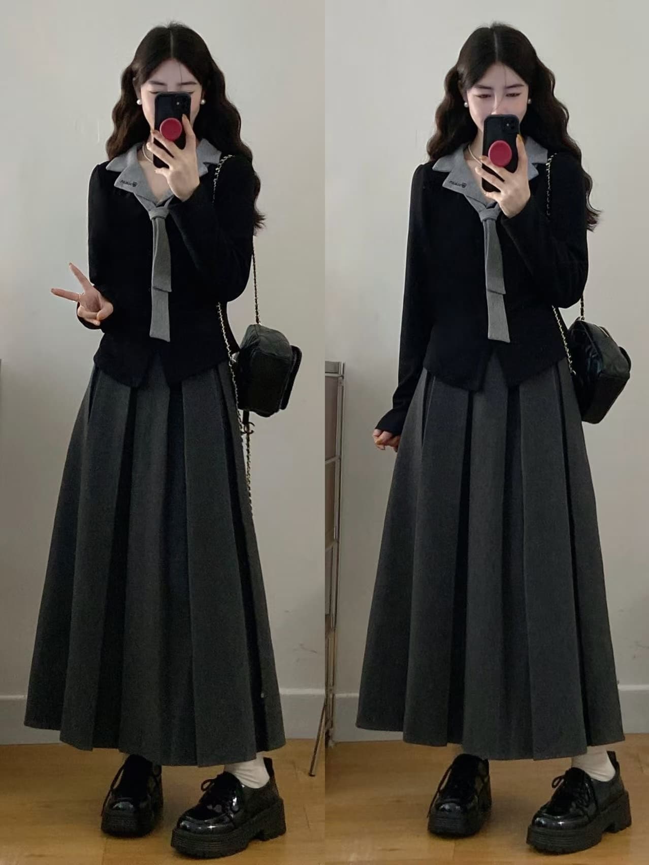 실사 빅 사이즈 여성 의류 지방 mm 페이크 레이어드 폴로 칼라 자수 맨위 플리츠 롱 스커트 투피스 세트